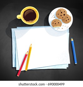Top view vector illustration of coffee cup, cookies and color pencils laying on paper on chalkboard background.