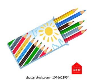 Top view vector illustration of color pencils box isolated on white background.