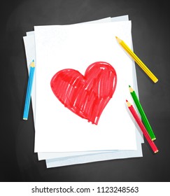 Top view vector illustration of color pencils lying on paper with child drawing of heart shape on school chalkboard background.