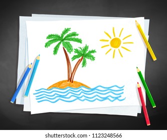 Top view vector illustration of color pencils lying on paper with child drawing of palm trees and see waves on school chalkboard background.