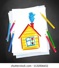 Top view vector illustration of color pencils lying on paper with child drawing of house on school chalkboard background.