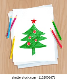 Top view vector illustration of color pencils lying on paper with child drawing of Christmas tree on light wooden desk background