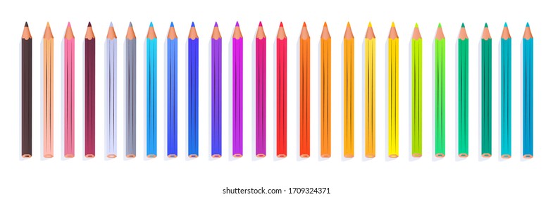 Top view vector illustration of color  pencils isolated on white background.