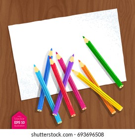 Top view vector illustration of color pencils lying on paper on wooden desk background.