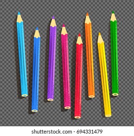 Top view vector illustration of color pencils on on transparency background.