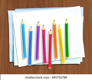 Top view vector illustration of color pencils lying on paper on brown wooden desk background.