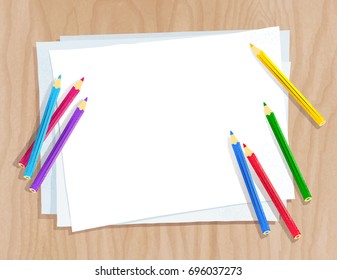 Top view vector illustration of color pencils lying on paper sheets on light wooden desk background.