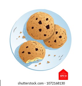 Top View Vector Illustration Of Cookies On Plate Isolated On White Background.