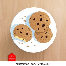 Top View Vector Illustration Of Cookies On Plate With Realistic Shadow On Wooden Table Background.