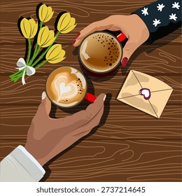 Top view vector illustration of a cozy morning coffee date with diverse hands, yellow tulips, and a love message letter on a wooden table. Perfect flat design for Valentine's Day, romantic relationships, and spring vibes.