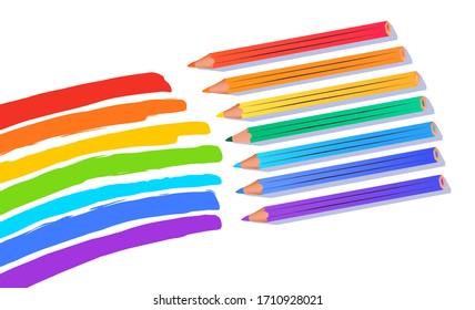Imagen vectorial superior del dibujo de colores arcoiris aislados en fondo blanco con lápices.