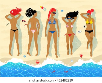 Top view vector illustration of five sunbathing young women lying on beach near sea surf.