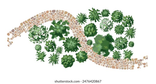 Top view vector illustration of green trees and plants with the rocky path. Landscape design. Park, outdoor, backyard. View from above.
