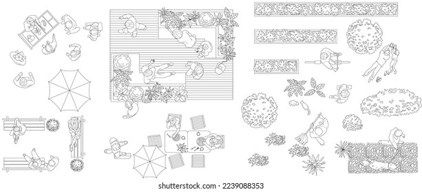 Top view vector illustration of hand drawn rough happy people playing in the park