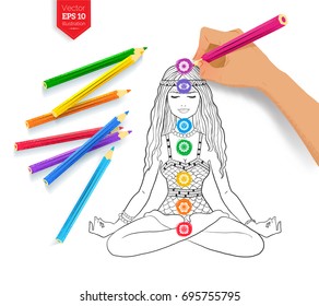 Top view vector illustration of hand drawing meditating woman and chakras with color pencils on white background.