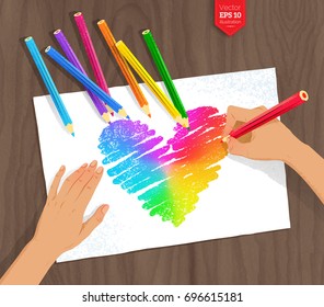 Top view vector illustration of hand drawing rainbow heart with color pencils and paper on wooden background.