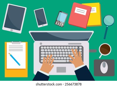 Top view vector illustration, hands of a businessman typing in laptop on work desk with gadgets and papers