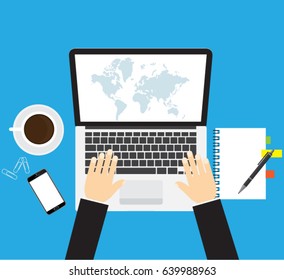 Top view vector illustration, hands of a businessman typing in laptop on work desk with gadgets and papers