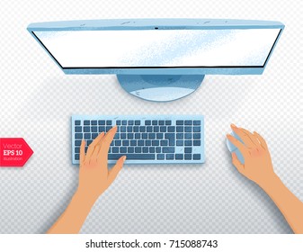 Top view vector illustration of hands with desktop computer with realistic shadow on transparency background.