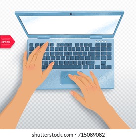 Top view vector illustration of hands with laptop with realistic shadow on transparency background.