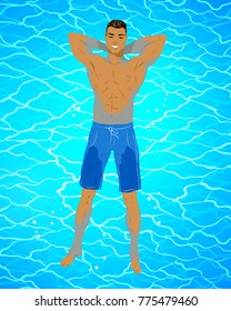 Top view vector illustration of happy young man floating on blue water.