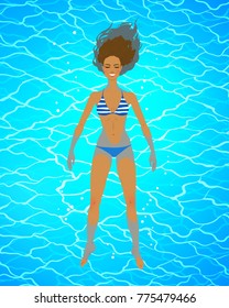 Top view vector illustration of happy young woman floating on blue water.