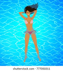 Top view vector illustration of happy young woman floating on blue water.