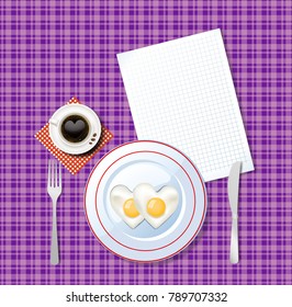 Top view vector illustration of heart shaped scrambled eggs on white plate and cup of coffee with heart on violet chequered tablecloth with napkin and clean note pad with space for text. Love food.