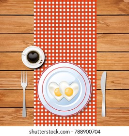 Top view vector illustration of heart-shaped fried eggs on white plate and coffee cup with heart on wooden table with checkered tablecoth background. Valentine's day card or breakfast with love idea.