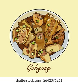 Top view vector illustration of Indonesian gohyong served on a white plate. Fried meat rolls with golden texture, neatly arranged in a traditional food presentation.
