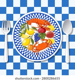 Top view vector illustration of lobster, crab, and fresh fruits on a patterned plate.