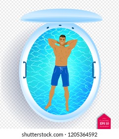 Top view vector illustration of man resting in floating tank with blue water.