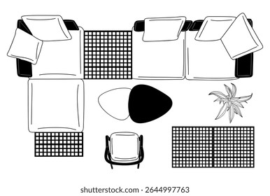 Top view vector illustration of modern outdoor furniture set with sectional sofa, armchair, coffee tables, rugs, and plant. Ideal for patio design, landscaping, or architectural layouts.