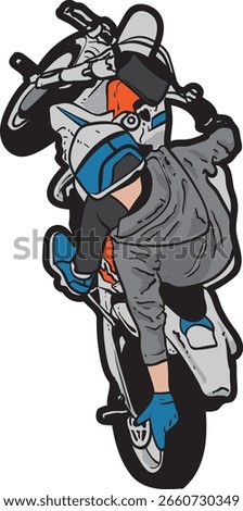 A top view vector illustration of a motocross rider performing an extreme stunt in mid-air. Perfect for sports design, extreme sports, youth apparel, urban culture, or adventure-related themes.