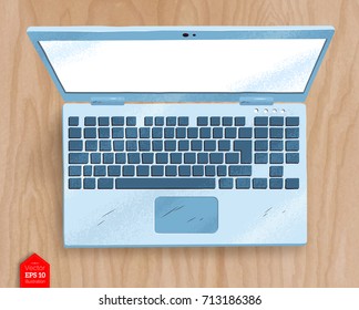 Top view vector illustration of open laptop on wooden desk background.