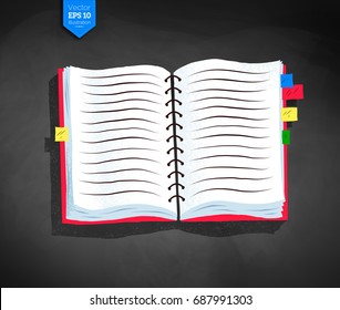 Top view vector illustration of opened school notebook with bookmarks and shadow on chalkboard background