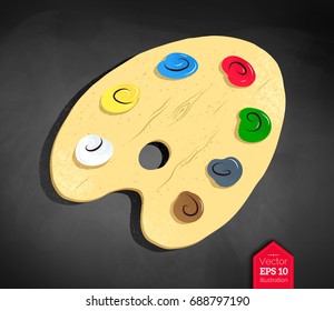 Top view vector illustration of paint palette on chalkboard background