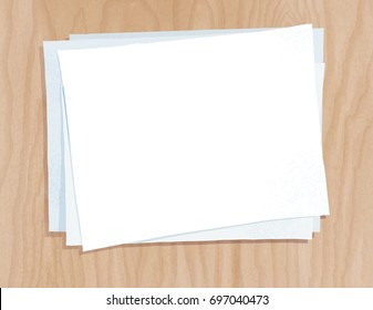 Top view vector illustration of paper sheets on light wooden background.