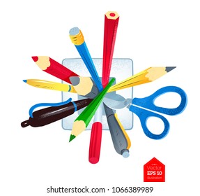 Top view vector illustration of pencils, pens and scissors in holder isolated on white background.