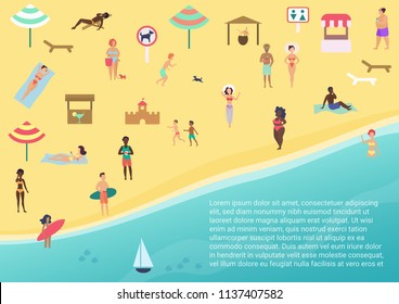 Top view vector illustration of people at beach performing leisure outdoor activities and swimming, surfing in sea or ocean.