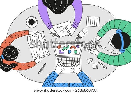  Top view vector illustration of people studying at one table using different methods: laptop, book, smartphone, and paper. Combines online and offline education in a modern setting.