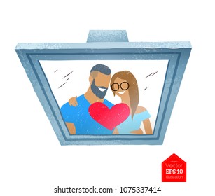 Top view vector illustration of photo frame with happy smiling couple isolated on white background.