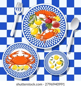 Top view vector illustration of plates with lobster, crab, and fruit on checkered background.