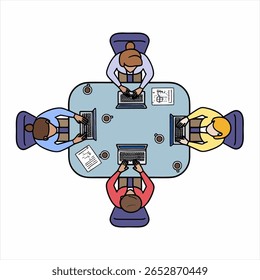 Top view vector illustration of professionals collaborating at a round office table with documents and laptops, symbolizing teamwork and planning.

