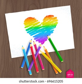 Top view vector illustration of rainbow heart with color pencils and paper on wooden background.