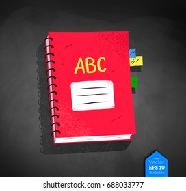 Top view vector illustration of school notebook with bookmarks and shadow on chalkboard background