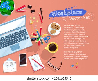 Top view vector illustration set of office workplace items with laptop computer, coffee and stationery on pink background.