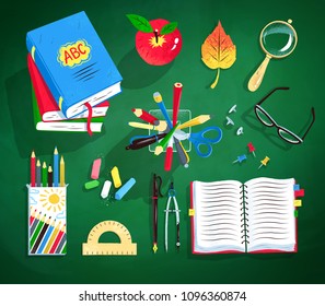 Top view vector illustration set of education supplies on green school-board background.