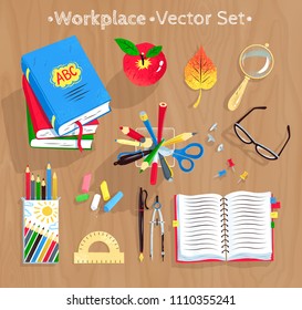 Top view vector illustration set of education supplies on wooden desk background.