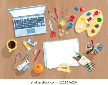 Top view vector illustration set of artists workplace with painting and drawing supplies and laptop computer on wooden desk background.